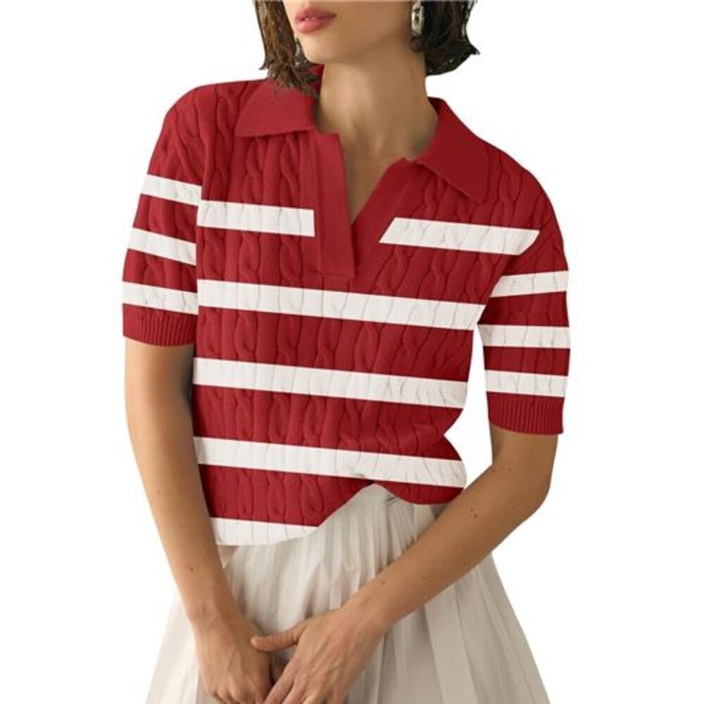 Women’s Short Sleeve Lightweight Cable Knit Sweater Top Red & White V-Neck Lape